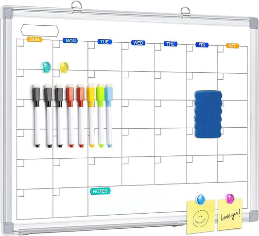 Dry Erase Calendar Whiteboard for Wall, 24" x 18" Magnetic Monthly White Board Calendar Dry Erase, Wall Hanging Aluminum Frame with Tray for Home, School, Office