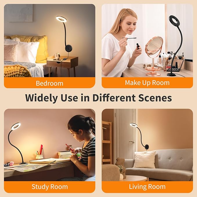 Wall Mounted Lamp, Reading Light for Book in Bed at Night, Shadowless LED Lamp for Workbench Bedroom Bedside Headboard, Eye Care 5 Color & Brightness Adjustable, 360 Flexible Gooseneck, Black