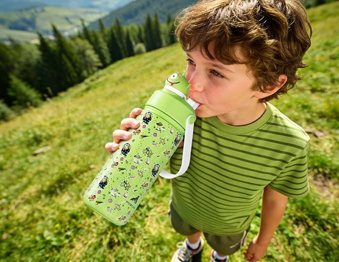 POWCAN 18 oz Insulated Water Bottle for School: 2-in-1 Straw Spout Lid with Soft Animal Head, BPA-Free, Leakproof, Keep Cold 24H, Easy Carry, Stainless Steel Cup for Boys, Girls, Kids (Alien Party)