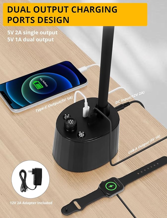 Woputne Desk Lamp, Dual Head, Smart USB A+C Charging Port, 5 Color Modes Dimmable, 2600 Lumens 12W Wide-Angle Lighting Table Lamp, 49cm Height for Bedside Reading, Office, Study, Crafts, Draw