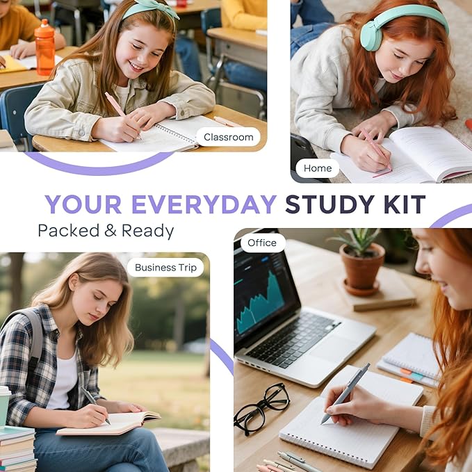 Nicpro 39 PCS Aesthetic School Supplies with Cute Purple Pencil Case, 12 Pastel Highlighters, 5 Quick Dry Black Ink Pens, 6 Mechanical Pencil 0.5 & 0.7mm for Girl Student Stationary College Essentials