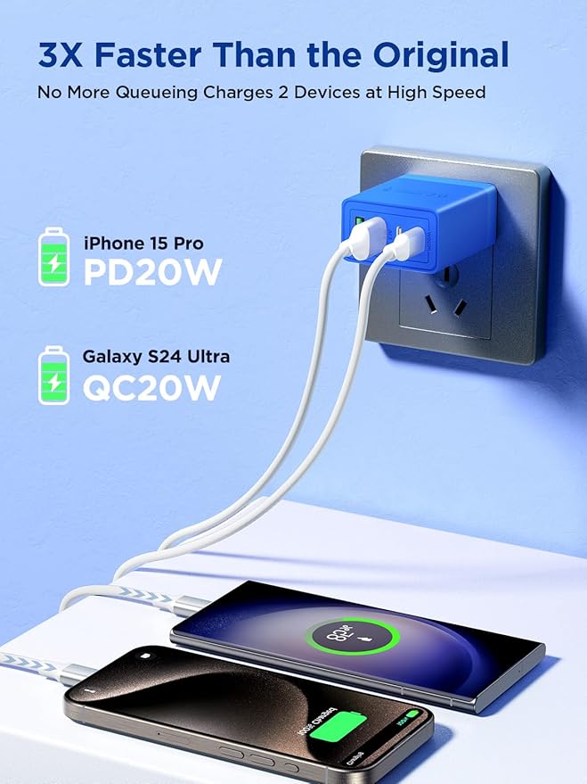 USB C Charger Block, 40W 4-Port Fast Charger 20W Type C Charging Block 3.1A USB Wall Charger Dual Port PD+QC Charging Cube for iPhone 16 15 14 13 12 Pro Max XS, iPad, Samsung Phone (Blue)