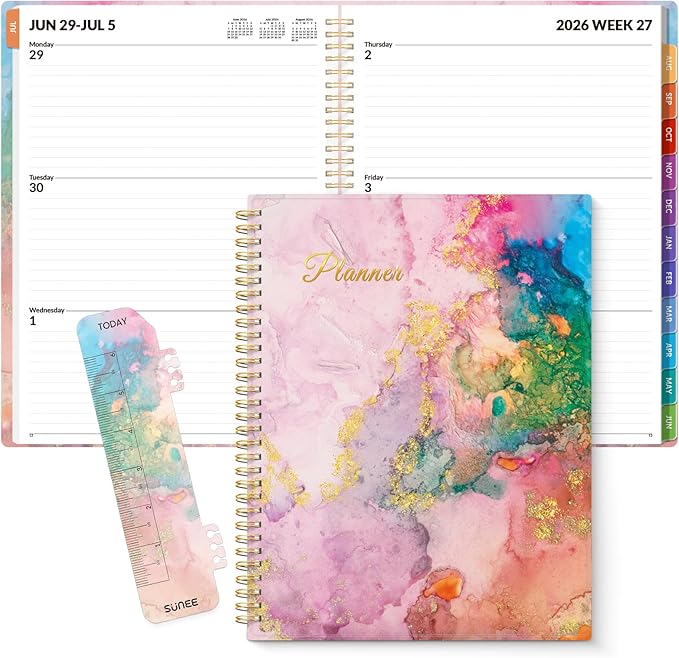 SUNEE Academic Planner 2026-2027 – Weekly & Monthly Planner, July 2026 to June 2027, 8.5"x11", Thick Paper, Tabs, Pockets, Bookmark, Spiral-Bound, Student Teacher Organizer, Marble