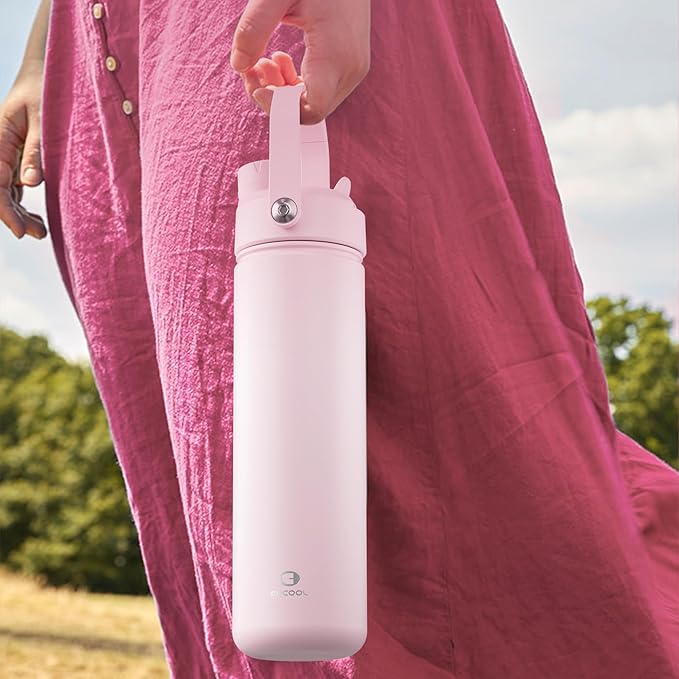 ENCOOL Insulated Water Bottle with Straw Stainless Steel Water Bottle, Leak-Proof, BPA-Free, Double Wall Vacuum Keeps Cold for 24 Hours for Sports, Travel, School (18 oz, Cotton Candy)