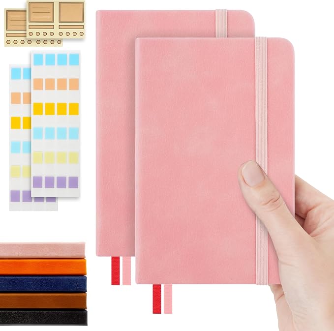 Pocket Dotted Notebook, 2-Pack Dot Grid Notebook, Dotted Journal with Stickers, 3.5" x 5.5" Hardcover, Small Mini A6 size, 160 Pages, 100 gsm Thick Paper, Pink