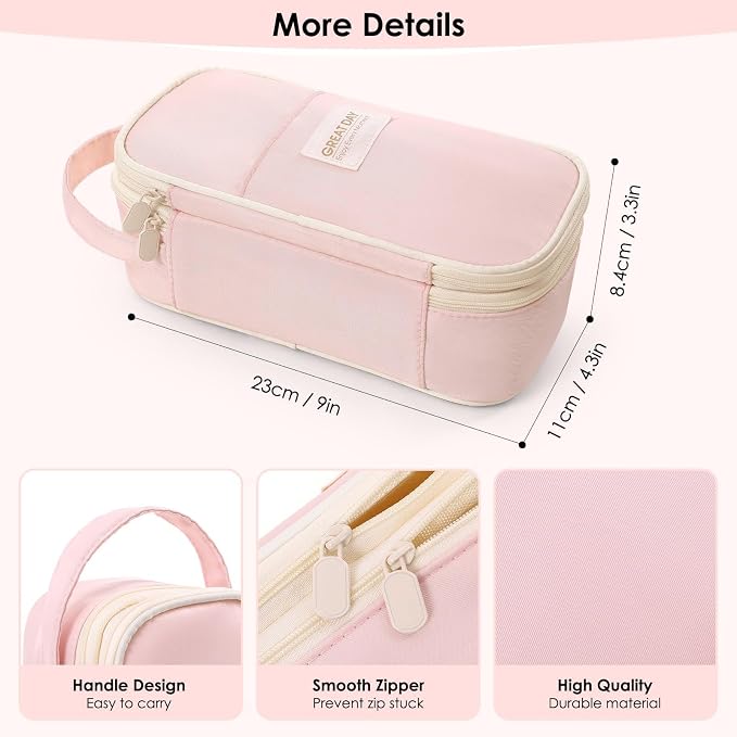 SKYDUE Pink Pencil Case for Girls - Aesthetic Pencil Bag with Multi-Compartment, Large Capacity Zippered Pencil Pouch for School Supply