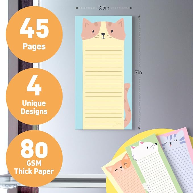 Sweetzer & Orange Magnetic Notepads for Refrigerator 4 Pack, Sticky notes for Fridge Sets - Sticky Journals for Freezer - Magnetized memo sheets for cooler - 3.5” x 7”, 45 Pages