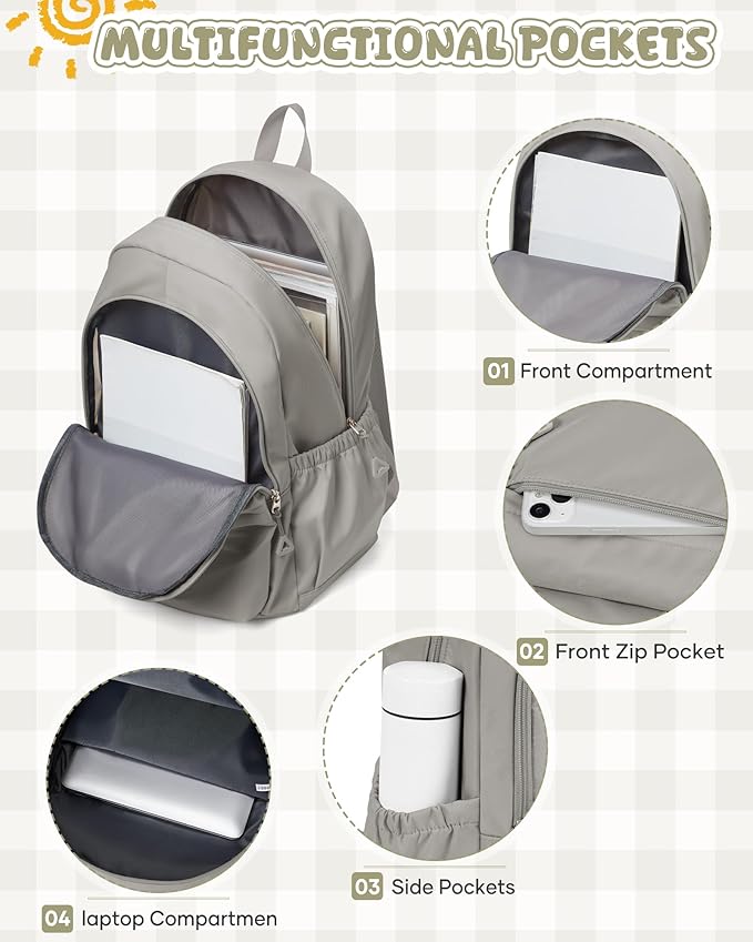 winspansy Backpack for School Teenage Girls Boys,Waterproof Lightweight School Bags Travel Daypack Simple Cute College Backpack Rucksack for Women Men fit 14 Inch Laptop,Grey Brown