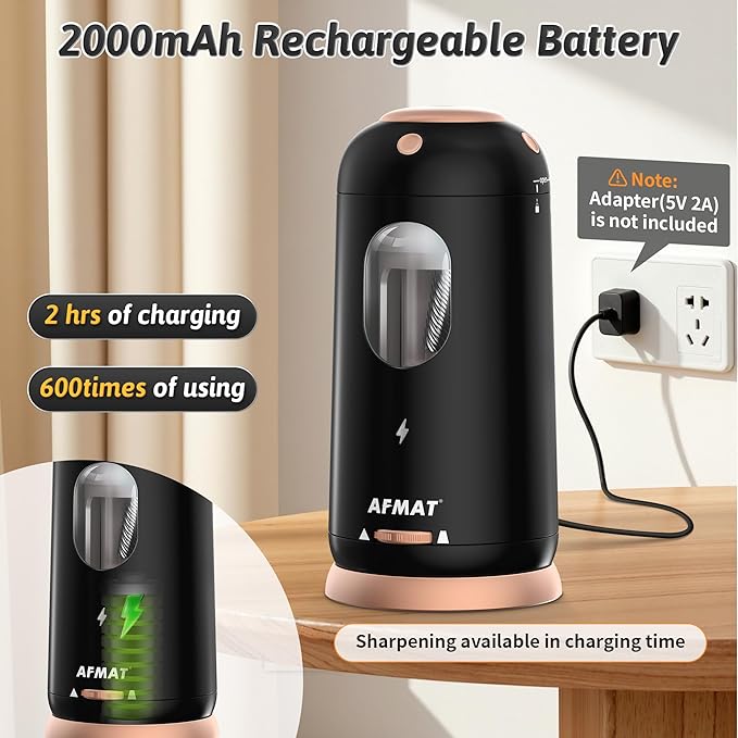 AFMAT Electric Pencil Sharpener, Auto in & Out, Fully Automatic Pencil Sharpener, Rechargeable Hands-Free Sharpeners for Jumbo & Colored Pencils (7-11.5mm), Good for Classroom/Home/Office PSC8(Black)