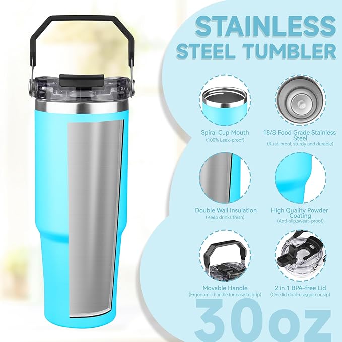 30oz Tumbler with Handle and Flip Straw Lid Double Wall Insulated Travel Coffee Mug Stainless Steel Vacuum Insulated Coffee Tumbler Cup for Hot and Cold Beverages,Leak-proof&BPA-free（30oz,Baby blue）