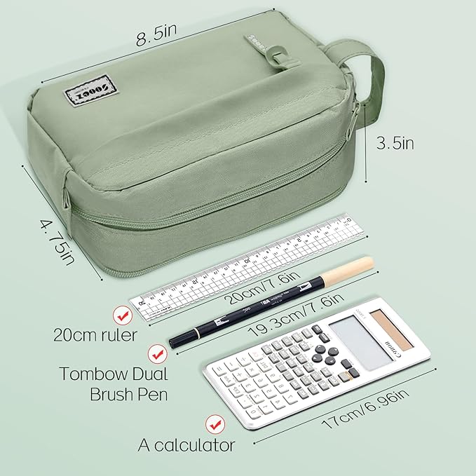 Sooez Original High Capacity Pencil Case, Big Pencil Bag Pouch Box Organizer Pen Case, Aesthetic Supply for Girls Adults, Portable Journaling Supplies with Easy Grip Handle & Loop, Olive Green