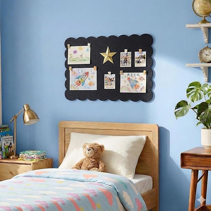 Scalloped Bulletin Board, 36x24 Scalloped Felt Bulletin Board, 3' by 2' Trifold Foldable Picture Display with 20 Pins & 5 Cute Decors - Black