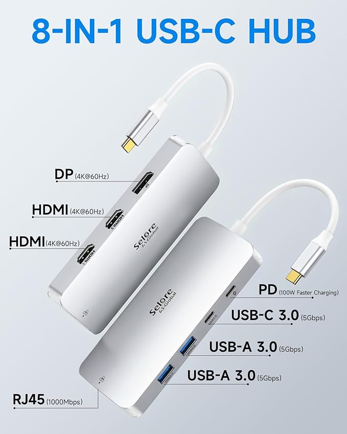 USB C Docking Station Dual Monitor, Selore Docking Station 3 Monitors Triple 4K Display with 2 HDMI, DisplayPort, 1 Gbps Ethernet, 100W PD Charging, USB 3.0 Ports Adapter for Dell, HP, etc(Silver)
