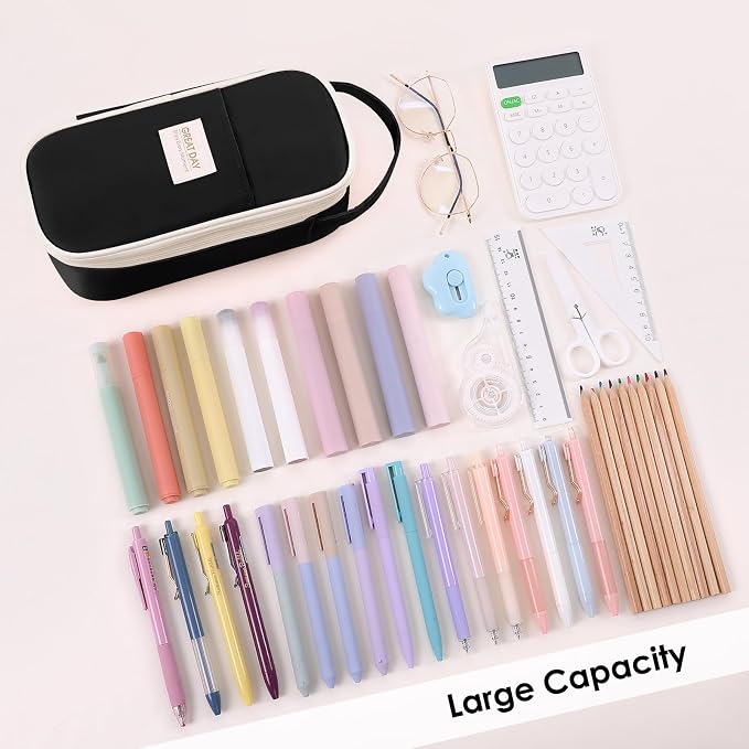 SKYDUE Black Pencil Case for Girls & Boys - Aesthetic Pencil Bag with Multi-Compartment, Large Capacity Zippered Pencil Pouch for School Supply