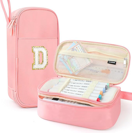 Extra Large Pencil Case,Big Capacity Pencil Pouch,Personalized Initial Pencil Bag with smooth zipper,Multiple Pockets,Cute Aesthetic Stationery Pen Case Bag for Teen Girls College (Pink, D)
