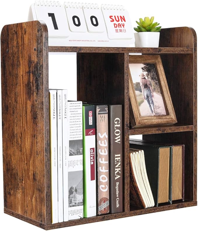 PAG Desktop Shelf Freestanding Wood Small Bookshelf Desk Supplies Organizers and Accessories Storage Display Rack Office Decor for Women, Antique Brown