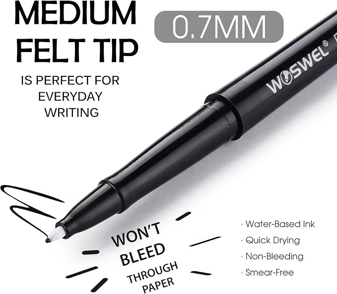 WOSWEL Black Felt Tip Pens, 32 Black 0.7mm Medium Point Felt Tip Markers Pen for Journaling, Note Taking, Planner, Writing,Drawing.Perfect for Art Office and School Supplies