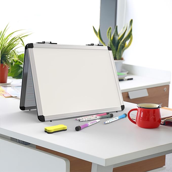 Dry Erase Board, 17x13 inch with 4 Sides Magnetic Whiteboard, A3 Foldable Small White Board with Lines, Perfect for Office, School, and Home. (Silver)
