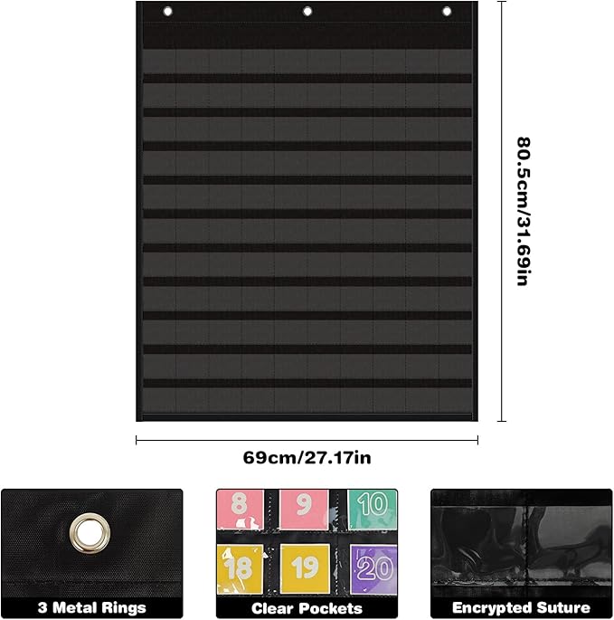 Hundreds Pocket Chart with 139 Cards, Includes Numbers Cards 1-100, 9 Math Symbol Cards & 30 Blank Cards | Classroom Math Wall Organizer for Counting, Place Value, Homeschool Activities(Black)