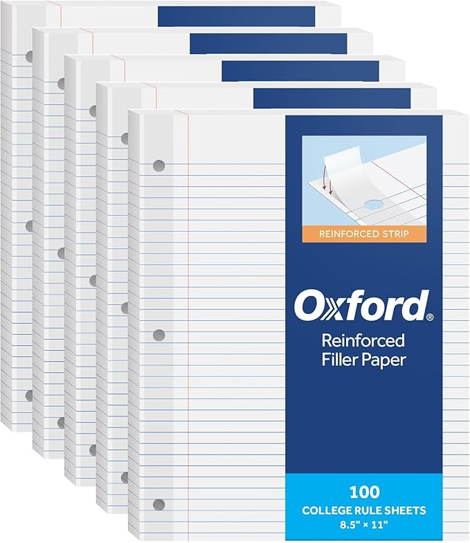 Oxford Reinforced Filler Paper, 8.5 x 11 Inch, College Rule, 3 Hole Punched, Lined Loose Leaf Paper for Ring Binders, 500 Sheets, White (1002097)