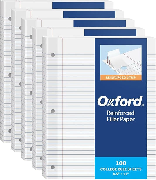 Oxford Reinforced Filler Paper, 8.5 x 11 Inch, College Rule, 3 Hole Punched, Lined Loose Leaf Paper for Ring Binders, 500 Sheets, White (1002097)