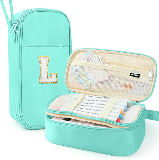 Large Pencil Case,Big Capacity Pencil Pouch,Personalized Initial Pencil Bag with smooth zipper,Multiple Pockets,Cute Aesthetic Stationery Pen Case Bag for Teen Girls College (Mint Green, L)