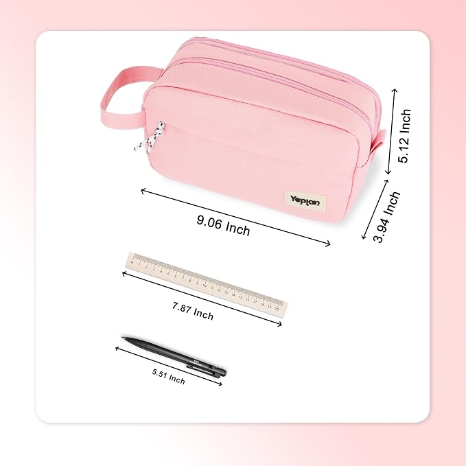 Yeplan Pink Pencil Case with Handle,Large Capacity Pencil Pouch | 3 Compartments Pencil Bags,Cute Pencil Case with Zipper,Stationery Storage for Teen and Adult,Pencil Case For Girls