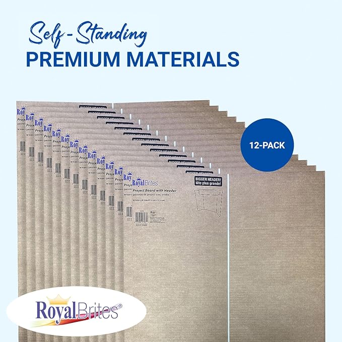 Royal Brites Tri-fold Corrugated Project Board with Header 36" x 48", 1 Ply Tri-Fold Project Board w/Built-in 4” Header for School & Work Presentations, Science Fair Display Boards, White, Pack of 12