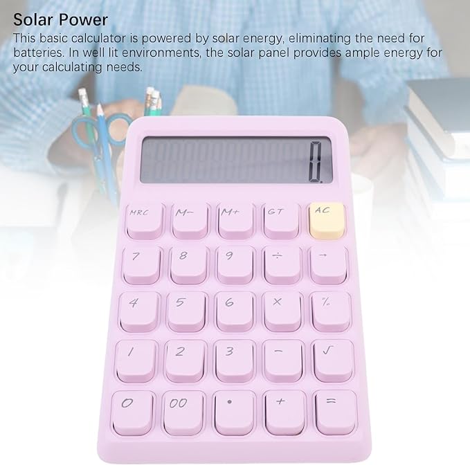 12 Digit Solar Calculator with Big Buttons Large Display Battery Operated Compact Portable for School Office Home Use (Purple)