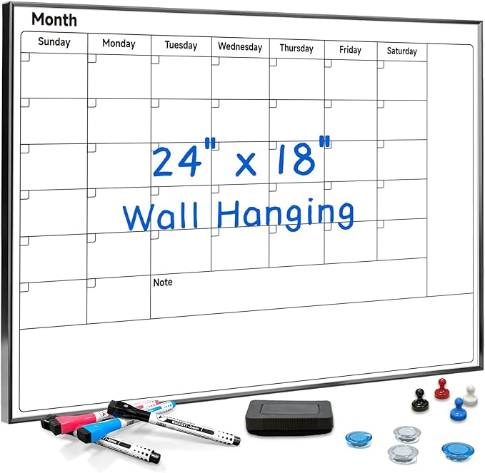 Whiteboard Calendar for Wall Hanging, 24" x 18" Magnetic Dry Erase Calendar Board with Black Aluminum Frame, Wall Mounted Large Monthly Planner Reminder for Office Home School
