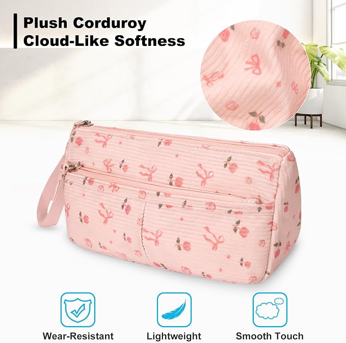 FINPAC Pencil Case, Corduroy Triangle Makeup Bag, Kawaii Pen Bag Pouch Holder Box Organize for Study, Office, or Travel (Pink Rose Bow)