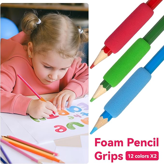 24 Pack Soft Foam Pencil Grips, 1.6" Long Ergonomic Pen Grips, 12 Assorted Colors, Cushioned Writing Aid for Kids & Adults, Comfortable Pencil Holder to Relieve Hand Fatigue, School & Office Supplies