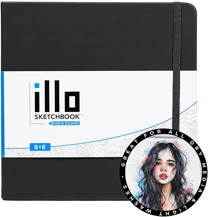 illo Sketchbook 8’’ x 8’’ Square Hardcover Sketch Book, (112lb/180gsm) Heavyweight Paper, Ribbon Marker, Back Pocket, Lays Flat, Minimal Bleed, Vegan, for Artists & Beginners