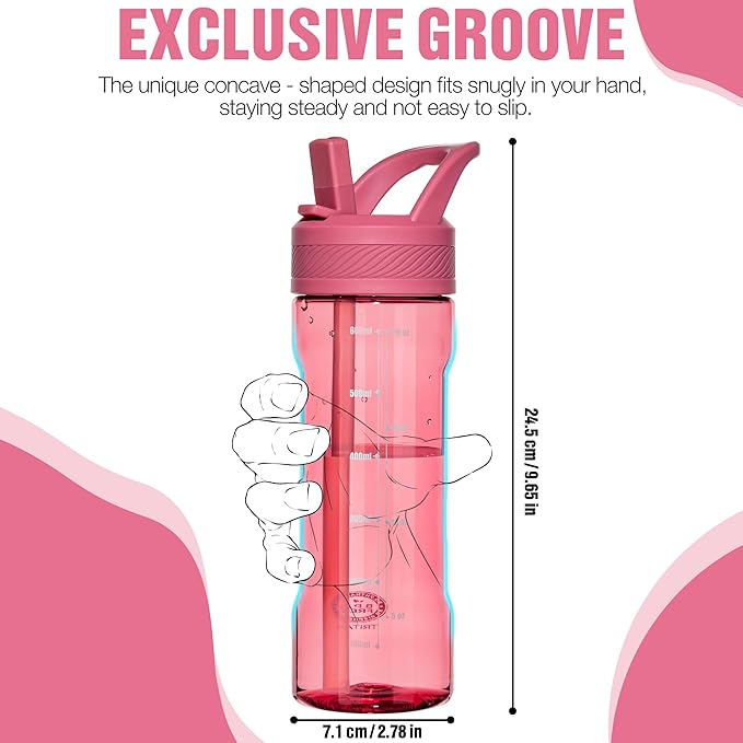 OLDLEY 20oz Kids Water Bottle with Straw, BPA-Free Tritan Water Bottle for School, Leakproof Clear Water Bottle with One Click Open, Measurement Scale, Cup Holder Friendly for Boys Girls,Red