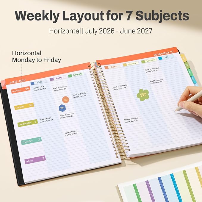 SUNEE Deluxe Teacher Planner 2026-2027, Lesson Planner Book with 7 Periods Jul 2026 - Jun 2027, 8.5" x 11" Daily Weekly and Monthly Organizers with Colorful Tabs, Planning Stickers,120gms Paper, Black