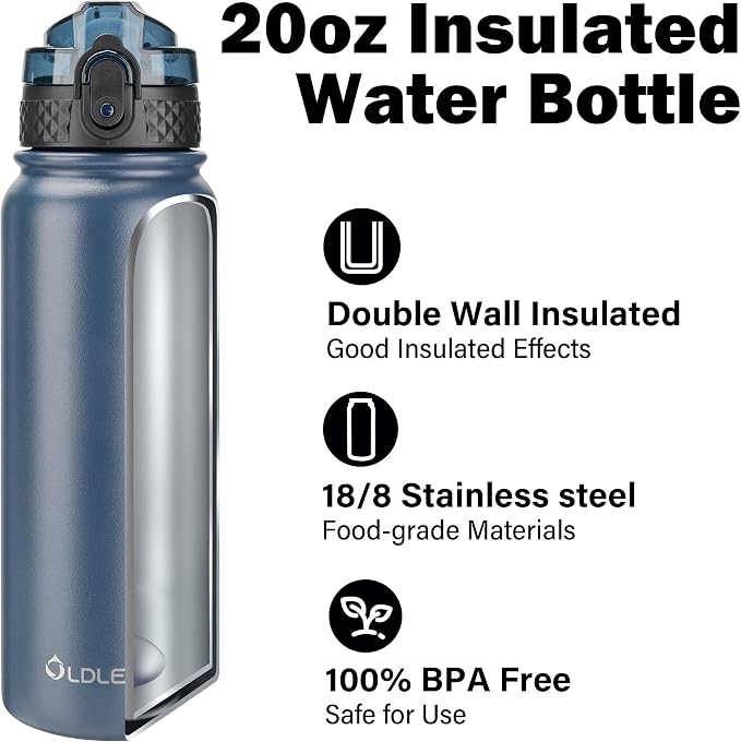 Oldley Insulated Water Bottle 20oz Water Bottles with Straw, Stainless Steel Water Bottle with 3 Lids, Double Wall Vacuum Bottels for Adults Kids,Leak-Proof Sport Bottles for School Travel, Navy Blue