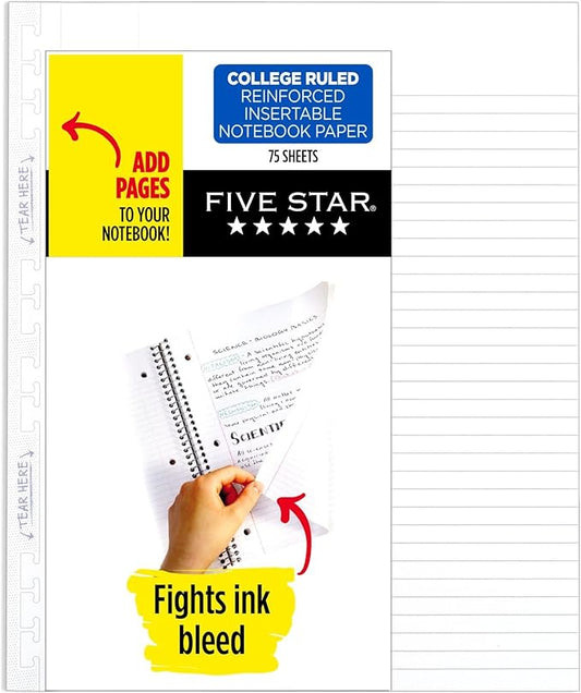 Five Star Loose Leaf Paper, College Ruled Insertable Notebook & Binder Filler Paper, 8-1/2" x 11", Reinforced T-Tabs, 75 Sheets (1037114)