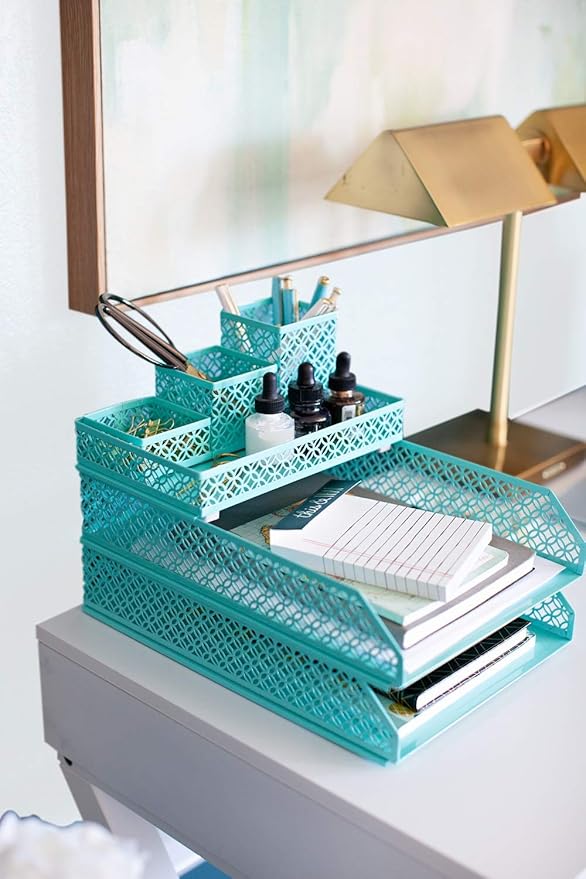 BLU MONACO Aqua Desk Organizer Set for Women | 6-Piece Interlocking Office Supplies Set | Pen Cup, Accessory Trays & Letter Trays | Steel Desktop Paper Organizer | Aqua Desk Organization System