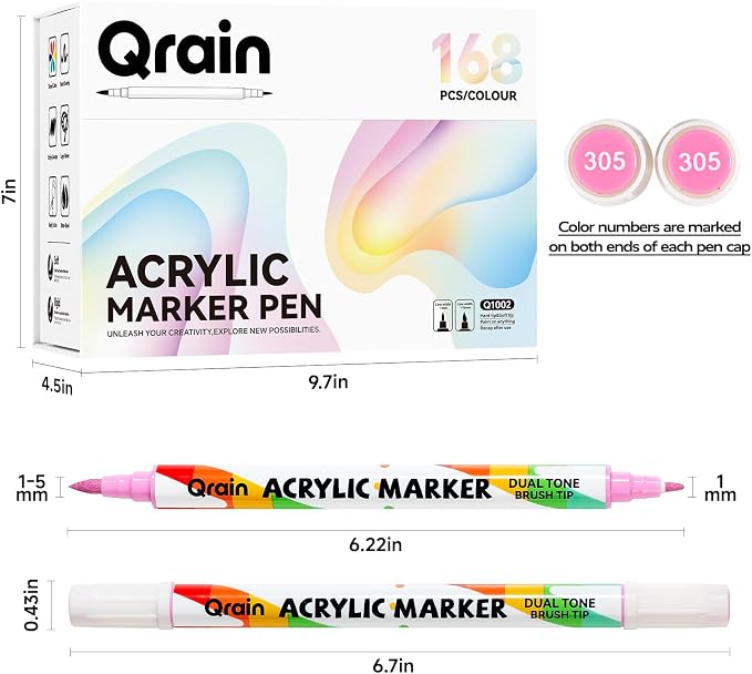 Qrain Acrylic Paint Markers Set, 168 Colors, Dual Tips (Brush & Fine), Water-Based Acrylic Markers for Rock, Wood, Glass, Fabric, Ceramics & DIY Crafts