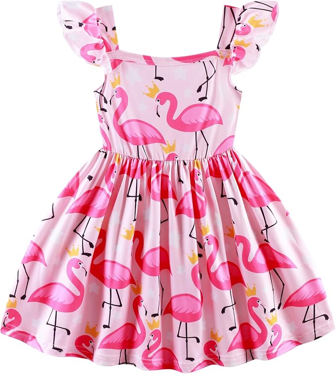 Popshion Girls Dresses Flutter Sleeve Swing Sundress Toddler Summer Clothes Kid Birthday Party Sleeveless Dress 1-8 Years Old