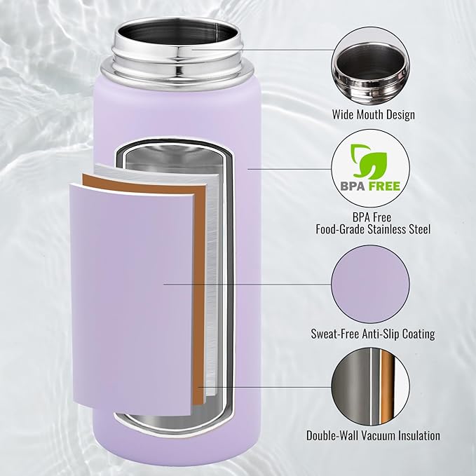 Fijinhom 18 oz Insulated Water Bottle with Handle, 304 Stainless Steel Water Bottles with Wide Mouth, Double Wall Vacuum Sports Water Bottle, BPA Free, Keep Cold and Hot, Purple