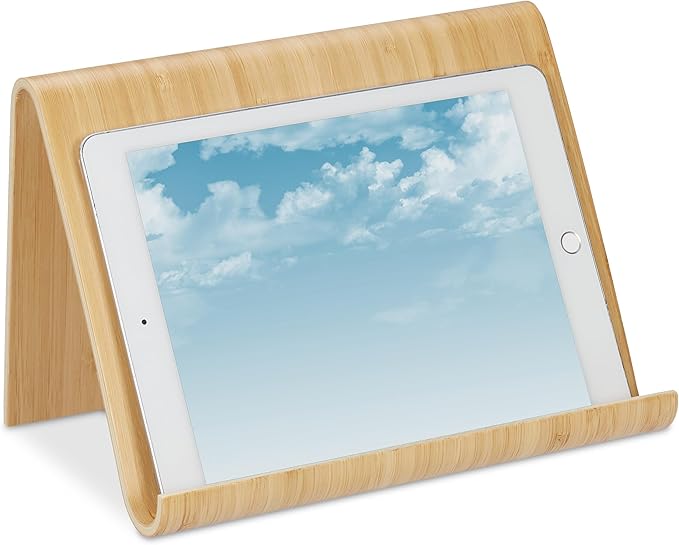 Relaxdays Tablet Stand, Reading Frame, Modern Design, Book and Device Holder, Cookbook, HWD: 17 x 26 x 15.5 cm, Natural, Wood