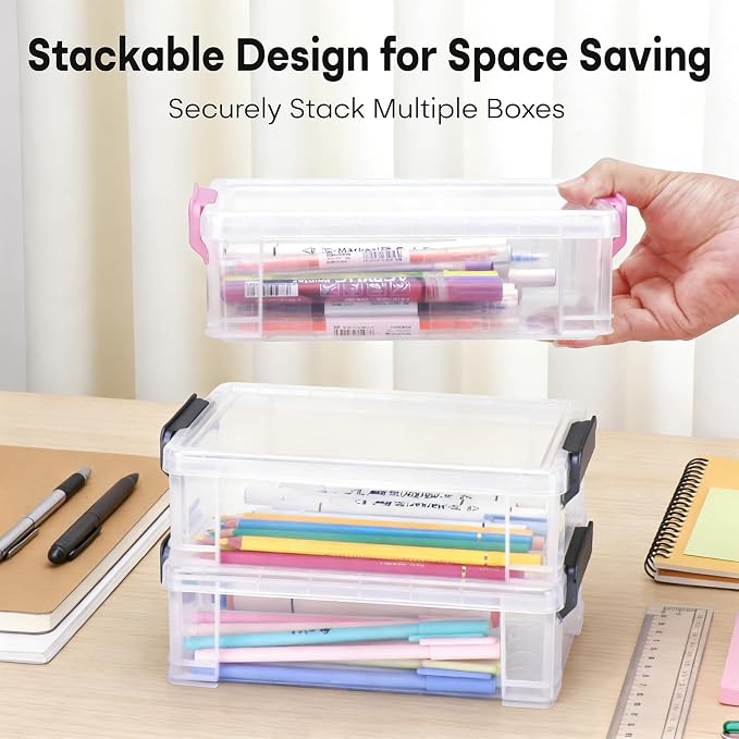 Large Plastic Clear Hart Pencil Box Case For Crayons, Markers, Art Supplies | Hard Pen Case Box With Secure Lid,Stackable Kids Boy Girls Storage Organizer Box For School Classroom Office(Grey)