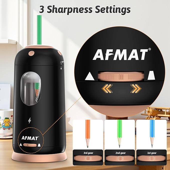 AFMAT Electric Pencil Sharpener, Auto in & Out, Fully Automatic Pencil Sharpener, Rechargeable Hands-Free Sharpeners for Jumbo & Colored Pencils (7-11.5mm), Good for Classroom/Home/Office PSC8(Black)