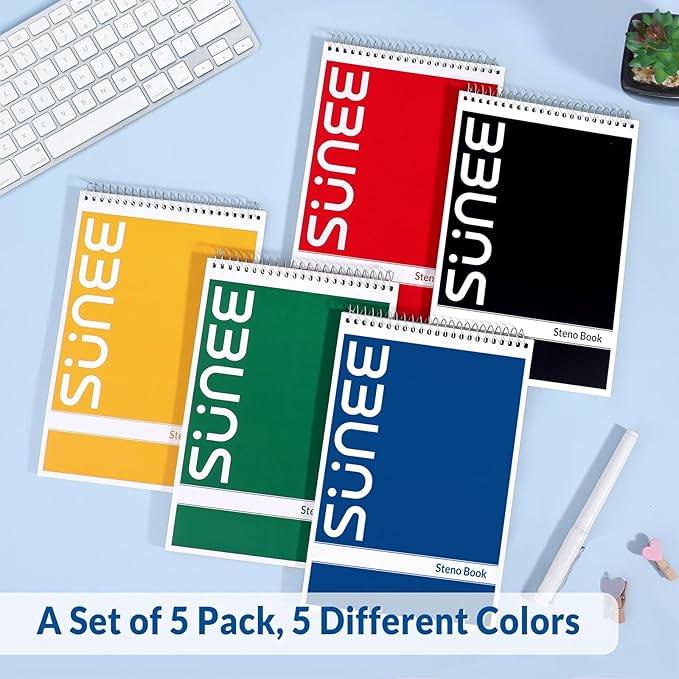 SUNEE Steno Pads 6x9 5 Pack, Gregg Rule, 60 Sheets, White Paper, Take Notes with Top Spiral Notebook, for School, University, College, Work, Office, Classic Color