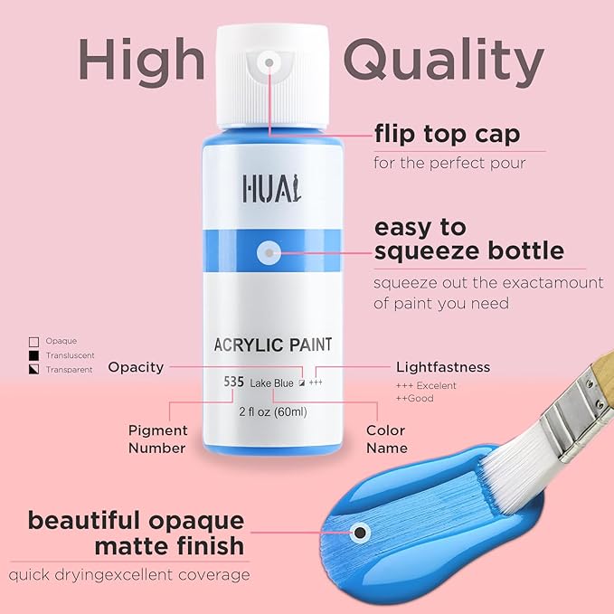 HUAL Acrylic Paint Set with 5 Brushes, 24 Colors (60ml, 2oz) for Artists Kids Beginners & Painters,Model/Canvas/Rock/Fabric/Glass/Stone/Ceramic/Wood Painting, Non Toxic
