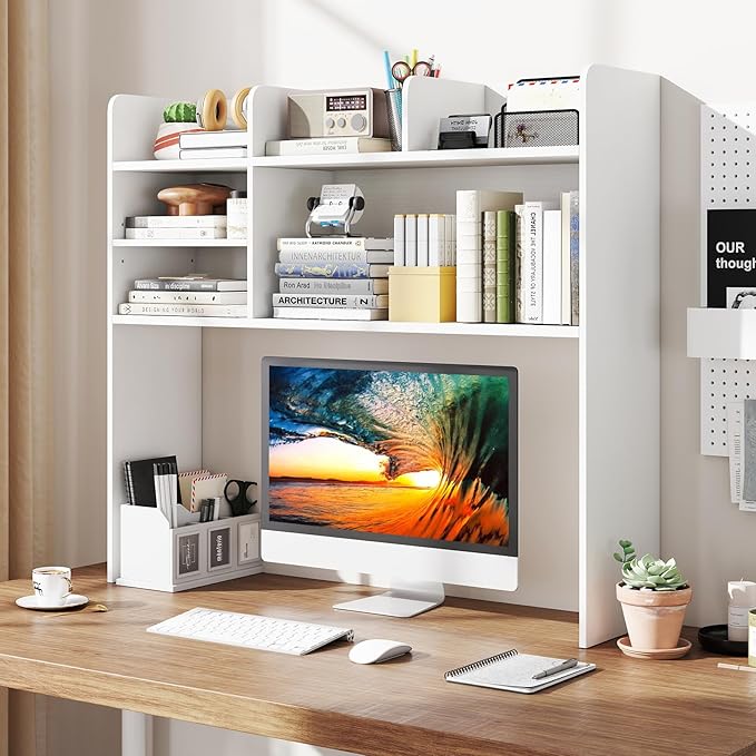 Giantex Desktop Bookshelf, 37" Desk Hutch Dorm for Computer Up to 32 Inch, Countertop Hutch w/6 Storage Shelves, 3-Tier Desktop Organizer Display Rack, Wood Desk Shelf for Home Office (White)