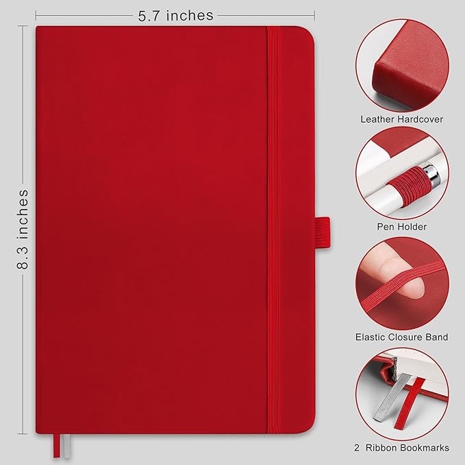 RETTACY Dotted Journal Notebook, 256 Pages, A5 Medium Size (5.7'' × 8.3''), Leather Hardcover, 120 GSM Thick Paper, for Journaling, Planning, Tracking (Red)
