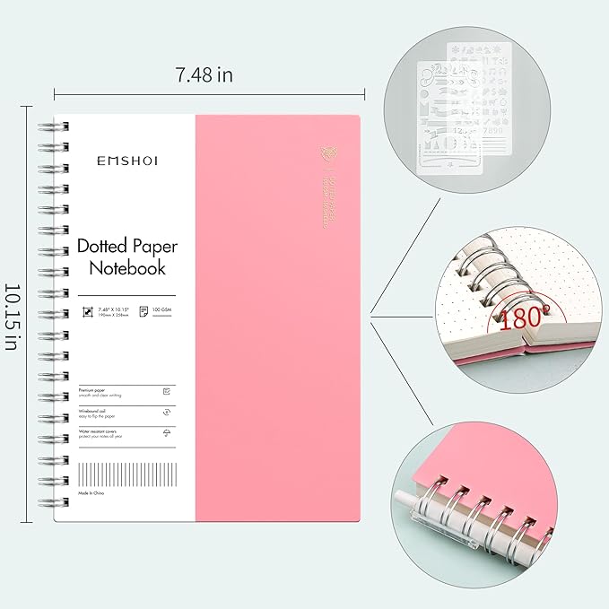 EMSHOI Dotted Journal Spiral Notebook, 300 Pages, B5 Large 7.48"x10.15", 100 GSM Thick Paper, Flexible Plastic Cover, 5mm Dot Grid Notebook for Journaling, Planning, Drawing, Writing, Pink