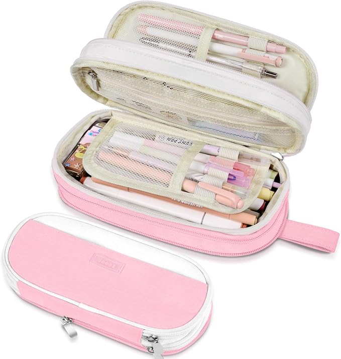 Sooez Large Pencil Case, Expandable Pencil Bag Pouch, Pen Bag with Zipper | Ample Storage, Durable Canvas, Smooth Zippers, Portable Handle, Cute Stationery Organizer, Makeup Bag, School Supplies, Girls